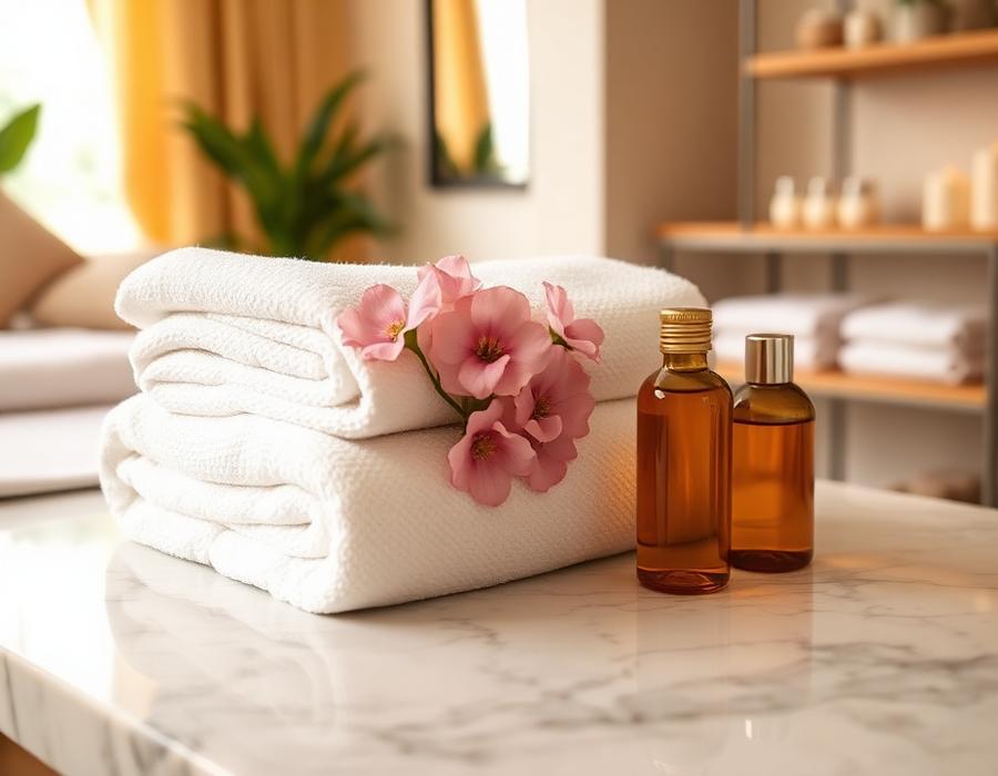 Ambiente acolhedor da Affine Estética com toalhas e óleos de massagem